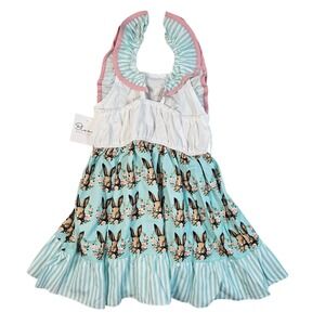 Bloom Boutique Girls Bunny Floral Stripe Ruffle Halter Dress Mint Blue Pink NEW